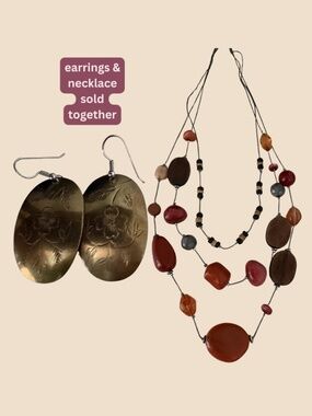 Boho Brass Earrings & Earth Tone Beaded Necklace Set